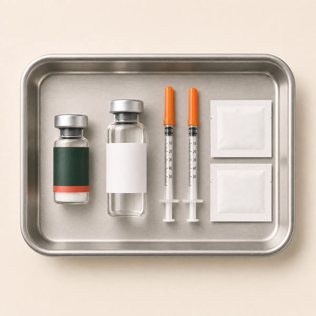 Kit de reconstitución: vial de péptido, agua bacteriostática, jeringas de insulina y torundas de alcohol